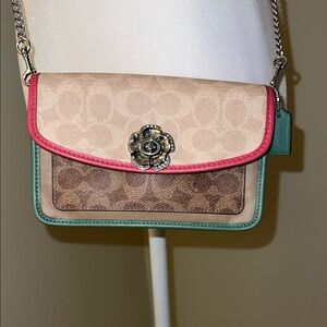 Coach Two Tone Beige Crossbody Bag with Pink and Green Trim